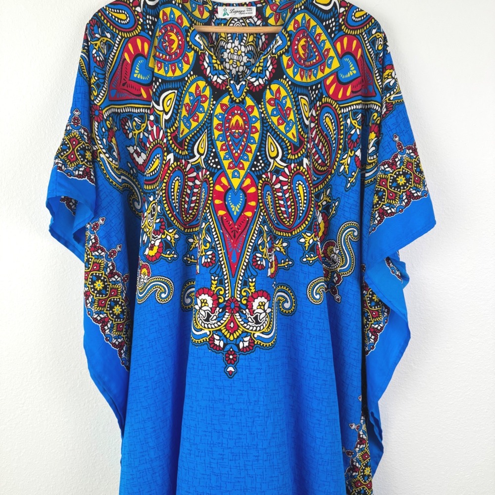 Lapogee Caftan Dress Women OS Blue Good Paisley Dashiki Maxi Boho Casual